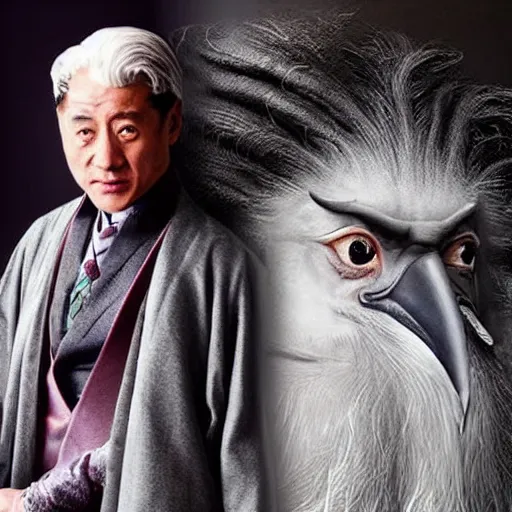 Image similar to old Jackie Chan as Dumbledore with a long grey bird