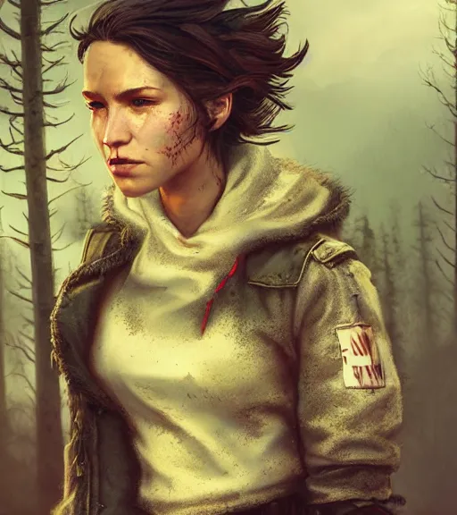 Image similar to fallout 5, charismatic beautiful armoured rugged brunette female protagonist, portrait, outdoors alaskan wilderness, atmospheric lighting, painted, intricate, volumetric lighting, beautiful, daytime, sunny weather, few clouds, sharp focus, deep colours, ultra detailed, art by leesha hannigan, ross tran, thierry doizon, kai carpenter, ignacio fernandez rios