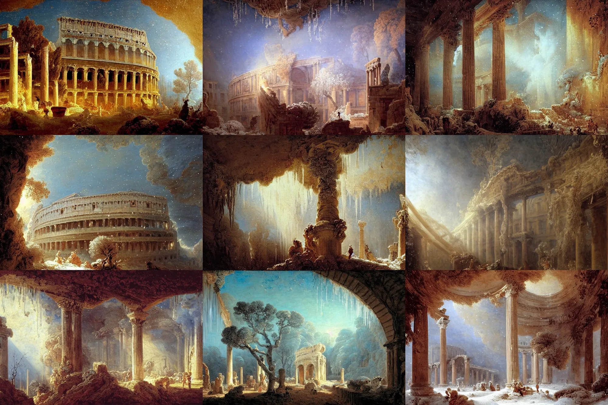 Prompt: new years day at a colloseum, dry trees, environment on fire, winter blue drapery, hanging tarp ceiling showing the stars, icicles, stoic, light dust, magnificent, hyperdetailed, theatrical, close up, masterpiece, painted by jean honore fragonard and greg rutkowski