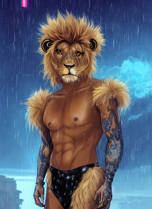 Image similar to award winning beautiful portrait commission of a male furry anthro lion fursona with a tail and a cute beautiful attractive detailed furry face wearing stylish black and gold swimming clothes in a cyberpunk beach at night while it rains. Character design by charlie bowater, ross tran, artgerm, and makoto shinkai, detailed, inked, western comic book art