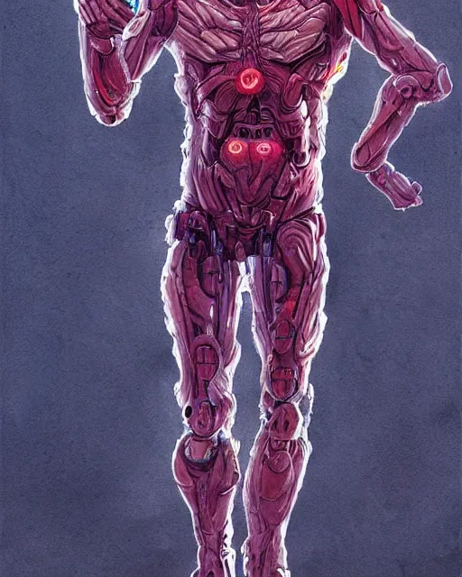 Image similar to a watercolor painting full body character portrait of a humanoid machine mutant in the style of moebius in the style of leonard boyarsky trending on artstation deviantart pinterest detailed photorealistic highlights and shadow hd 8 k post - processing high resolution