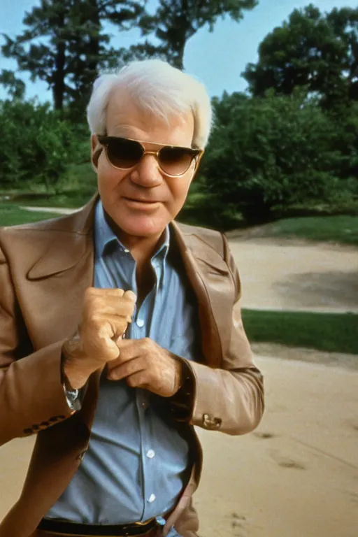 Prompt: Wide angle photoreal Cinematography of Steve Martin in 1979 shot on a 9.8mm wide angle lens
