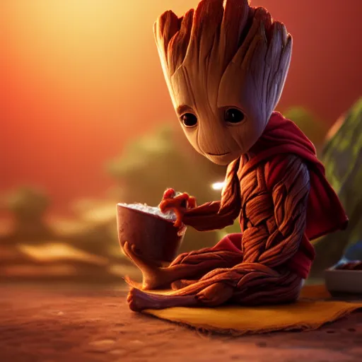 Image similar to Baby Groot eating a burrito while sitting on a soft red rug, hyperdetailed, artstation, cgsociety, 8k