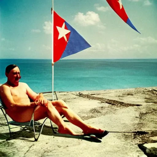 Image similar to adolf hitler enjoying the summer in cuba, photo made by Slim Aarons, award winning,