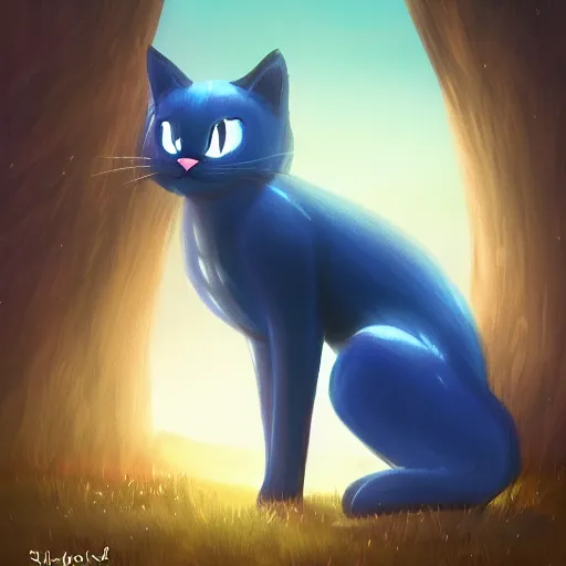 Image similar to illustration of glowing cute blue cat, field and tree, detailed concept art, artstation, warrior cats, shading,