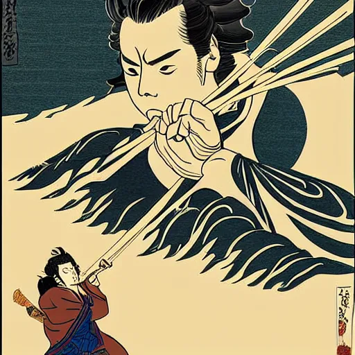 Image similar to Harry Styles fighting Beyoncé with a katana sword, in the style of Hokusai