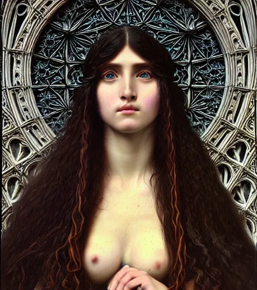 Image similar to hyperrealistic detailed portrait of a beautiful long haired young goddess morphing into a gothic cathedral, authentic ornamental architecture, art by ernst haeckel, john william godward, android jones, h. r. giger, gothic, neo - gothic, heavily ornamental,