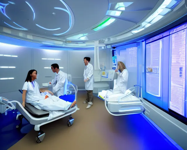 Prompt: The hospital room of the future, in a futuristic spaceship, with calming bright lights and a welcoming wooden floor, a doctor and her patient look at a computer screen showing medical graphs