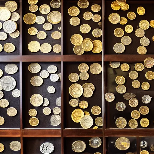 Image similar to An enormous treasure trove filled wall-to-wall with precious coins, wide shot, ultra-high definition, 4K, museum quality photo