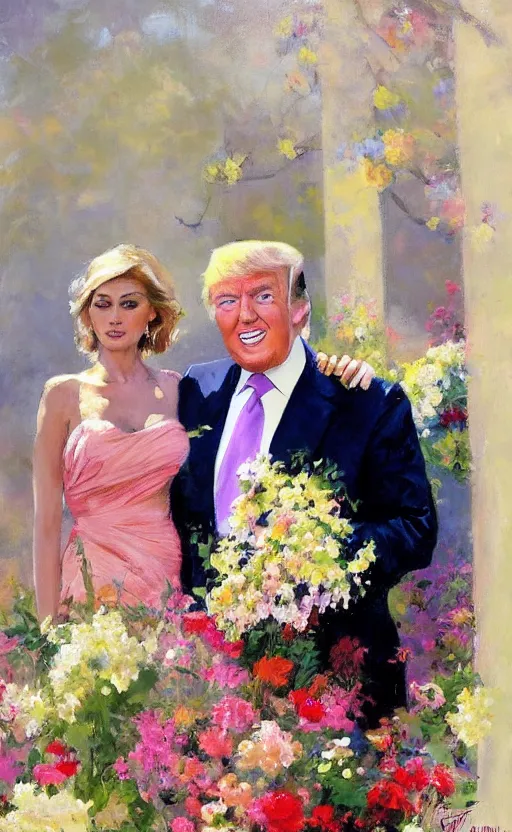 Image similar to romantic portrait of donald trump in an elegant dress surrounded by beautiful flowers, by gregory manchess, james gurney, james jean