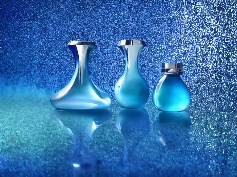 Image similar to perfume bottle standing in a glittering oasis in deep blue pond water surrounded blue flowers by zaha hadid ; octane highly render, 4 k, ultra hd, 2 0 0 mm, mute dramatic colours, soft blur outdoor stormy sea background, volumetric lighting