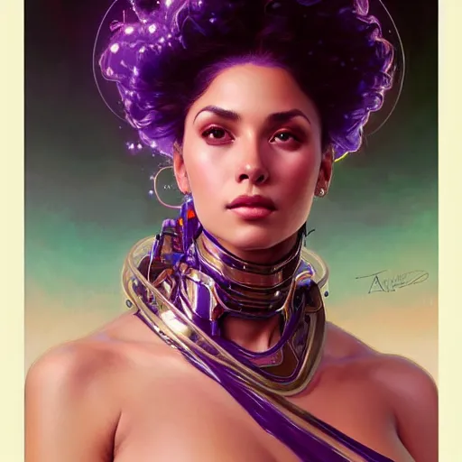 Image similar to Portrait of very very very very very very beautiful Latina woman, spacesuit, purple eyes, intricate, elegant, highly detailed, digital painting, artstation, concept art, smooth, sharp focus, illustration, art by artgerm and greg rutkowski and alphonse mucha