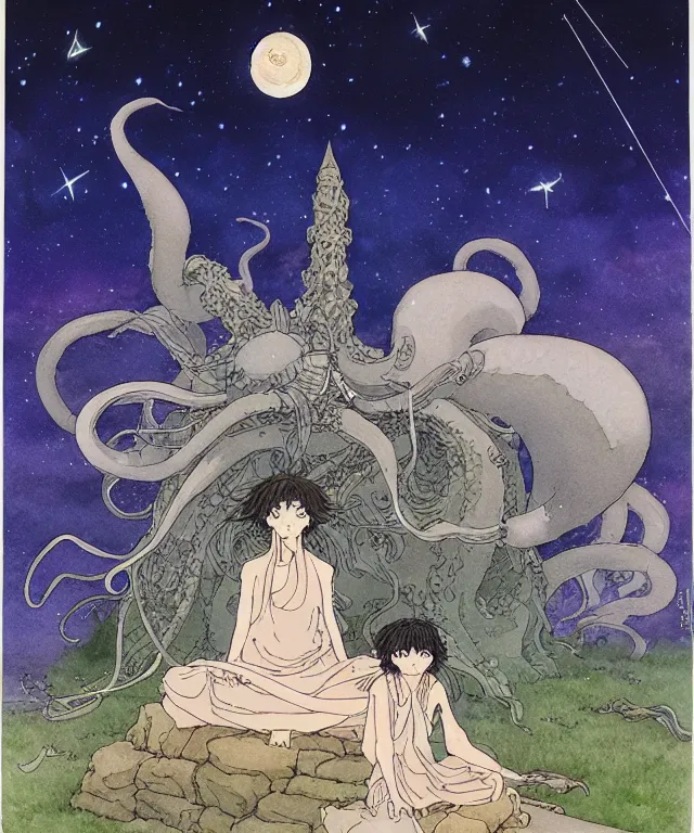 Image similar to a hyperrealist studio ghibli watercolor fantasy concept art. in the foreground is a giant long haired grey squid sitting in lotus position on top of stonehenge with shooting stars all over the sky in the background. by rebecca guay, michael kaluta, charles vess