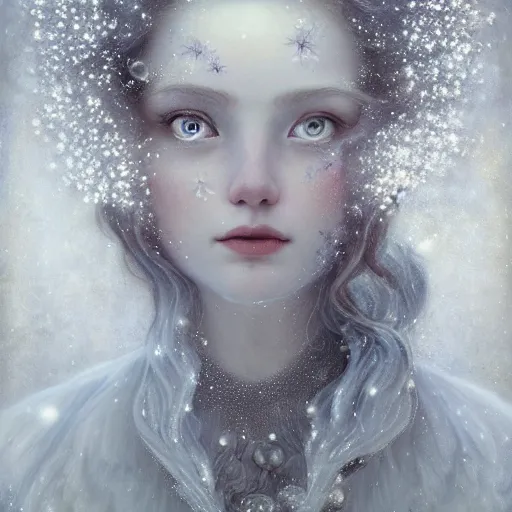 Prompt: Beautiful Delicate Detailed portrait of snow woman, With Magical grey eyes by Tom Bagshaw, Bastien Lecouffe Deharme, Erik Johansson, Amanda Sage, Alex Grey, Alphonse Mucha, Harry Clarke, Josephine Wall and Pino Daeni, Delicate winter frozen creature With long white windy Hair and Magical Sparkling Eyes, Magic Particles; Magic Swirls, 4K; 64 megapixels; 8K resolution concept art; detailed painting; digital illustration; hyperrealism; trending on Artstation; Unreal Engine Photorealistic, lifelike, Unreal Engine, sharp, sharpness, detailed, 8K