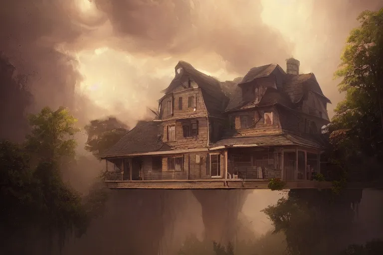 Prompt: A hyperdetailed digital oil painting of a house in the clouds,ladder, unreal engine by greg rutkowski, Trending on ArtStation and DeviantArt