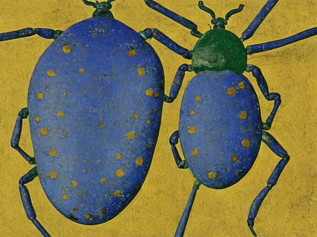 Image similar to close up of an exotic beetle. lapis lazuli, jasper, jade, gold. painting by piero della francesca, balthus, agnes pelton