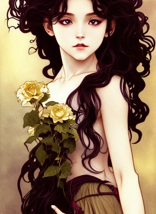 Image similar to young vampire girl, goddess of obsidian diamonds and black roses, with long curly, golden hair, perfectly proportioned face, brown eyes, sweet smile, strong jawline, natural lighting, path traced, highly detailed, high quality, cartoon, digital painting, by new haicheng studio ghibli and riccardo federici and alphonse mucha