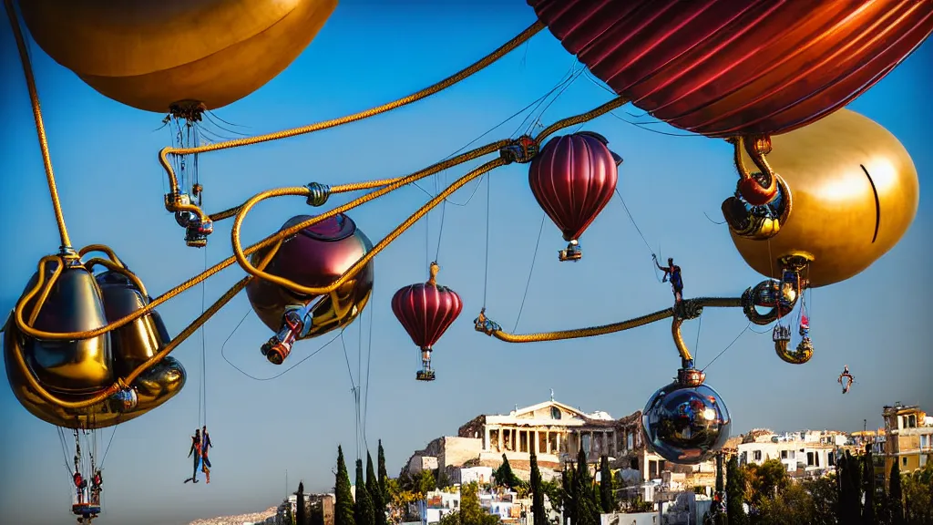 Image similar to large colorful futuristic space age metallic steampunk steam - powered balloons with pipework and electrical wiring around the outside, and people on rope swings underneath, flying high over the beautiful athens city landscape, professional photography, 8 0 mm telephoto lens, realistic, detailed, photorealistic, photojournalism