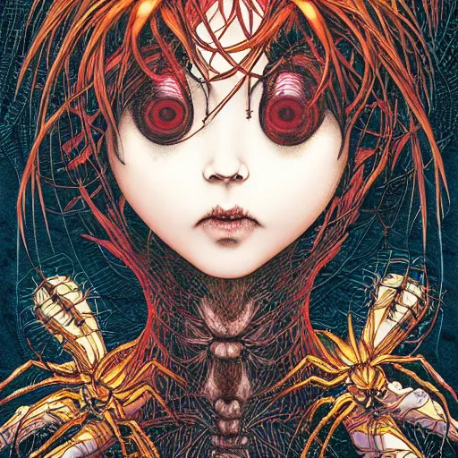 Image similar to portrait of crazy dark girl with spiders around, symmetrical, by yoichi hatakenaka, masamune shirow, josan gonzales and dan mumford, ayami kojima, takato yamamoto, barclay shaw, karol bak, yukito kishiro