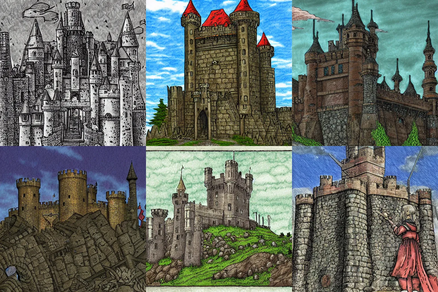 Prompt: medieval castle, colored, by Kentaro Miura