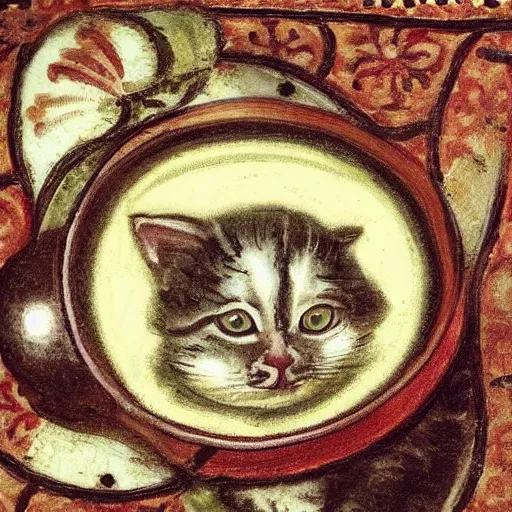 Image similar to baby kitten on a bowl of soup, medieval art