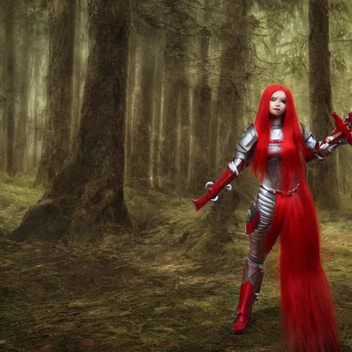 Image similar to a girl with long red hair wearing a red plate armor and hding a big red sword in a forest, 3d render, octane render, unreal engine 5, 8k hdr, hyperrealistic, highly detailed, high quality, concept art, trending on Artstation, fantasy armor