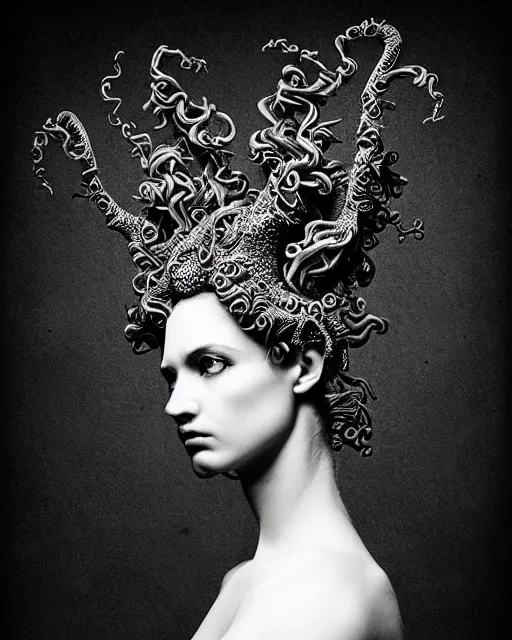 Image similar to dark background, a black and white high quality dreamy photo of a young beautiful female queen-dragon-vegetal-cyborg bust with a very long neck and delicate Mandelbrot fractal face, elegant, highly detailed, flesh highly baroque ornate, hair are curled wired cables, elegant, poetic, soft, dreamy, mysterious, high fashion, rim light, in the style of Ellen von Unwerth, Realistic, Refined, Digital Art, Highly Detailed, Cinematic Lighting, rim light, black and white, photo-realistic, 8K