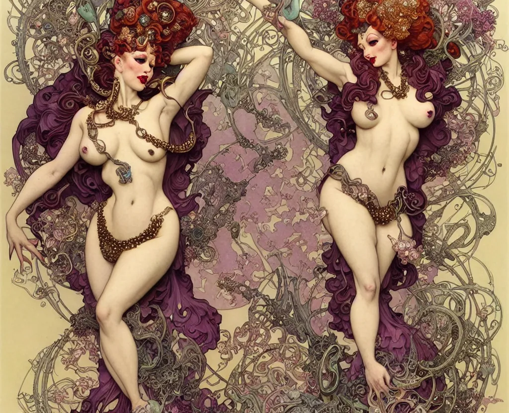 Prompt: beautiful burlesque dancer art nouveau fantasy character portrait, ultra realistic, intricate details, the fifth element artifacts, highly detailed by peter mohrbacher, hajime sorayama, wayne barlowe, boris vallejo, aaron horkey, gaston bussiere, craig mullins alphonse mucha, art nouveau curves swirls and spirals, doves flowers pearls beads crystals jewelry goldchains scattered