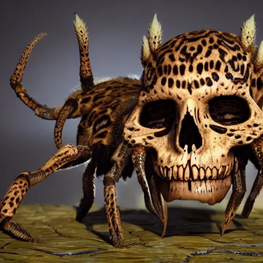 Image similar to Skull that look too much like skull!, crypt lurker!!, grasp of darkness!!!, pitchburn devils, giant terrestrial starfish!!!!!, rescue from the underworld!!!!!!, 8k CG character rendering of a spider-like hunting female on its back, fangs extended, wearing a leopard-patterned dress, set against a white background, with textured hair and skin.