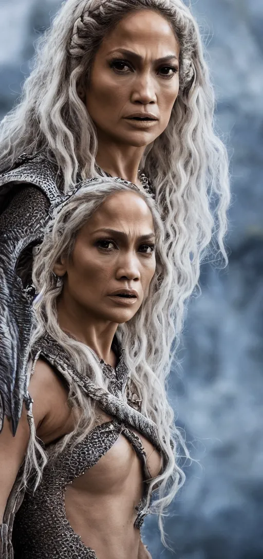 Image similar to Jennifer Lopez as Daenerys Targaryen mother of dragons, drogon, XF IQ4, 150MP, 50mm, F1.4, ISO 200, 1/160s, natural light