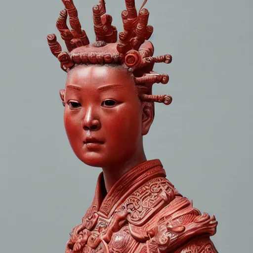 Image similar to museum angeline joile portrait statue monument made from chinese porcelain brush face hand painted with iron red dragons full - length very very detailed by rutkowski symmetrical well proportioned full - body