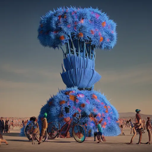 Prompt: highly detailed 3d render of burning man festival sculpture with cornflowers by Beeple