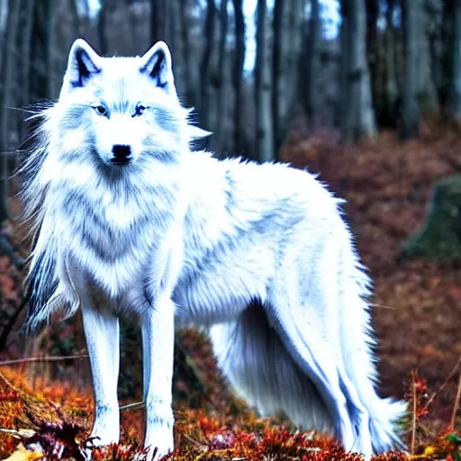 Prompt: a beautiful long - haired white wolf with blue eyes stands in a dormant autumn forest, no yellow color in eyes, no yellow color