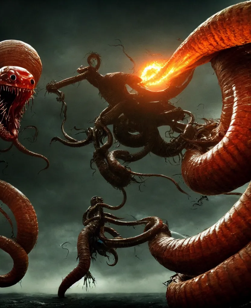 Image similar to pirates fighting giant screaming worm, cinematic atmosphere, maximized, high detail, 8k, ornate, dark fantasy, masterpiece, complex, film still from the movie directed by Denis Villeneuve