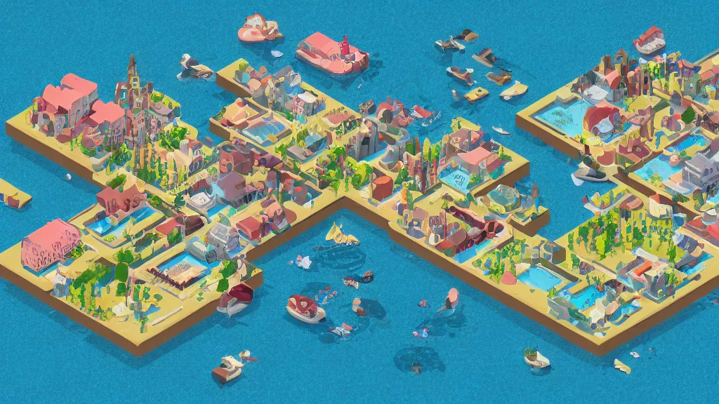 Prompt: underwater photography misguided isometric ovary village / city setting
