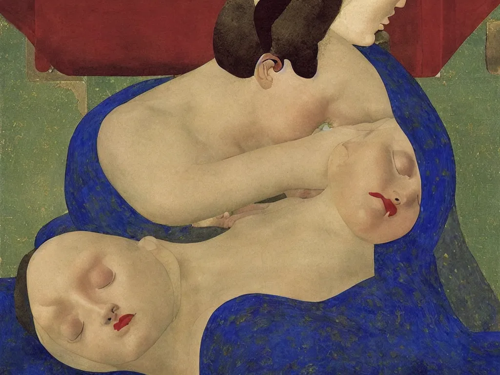 Image similar to portrait of a sleeping woman head. lapis lazuli, malachite, cinnabar, gold. painting by piero della francesca, balthus, agnes pelton