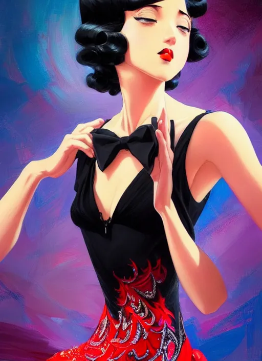 Image similar to a beautiful dancer with black hair in 1930's fashion, ballroom background, intricate, highly detailed, digital painting, artstation, official media, anime key visual, concept art, rich vivid colors, ambient lighting, sharp focus, illustration, art by Artgerm, Makoto Shinkai, Ilya Kuvshinov, Lois Van Baarle, and Rossdraws