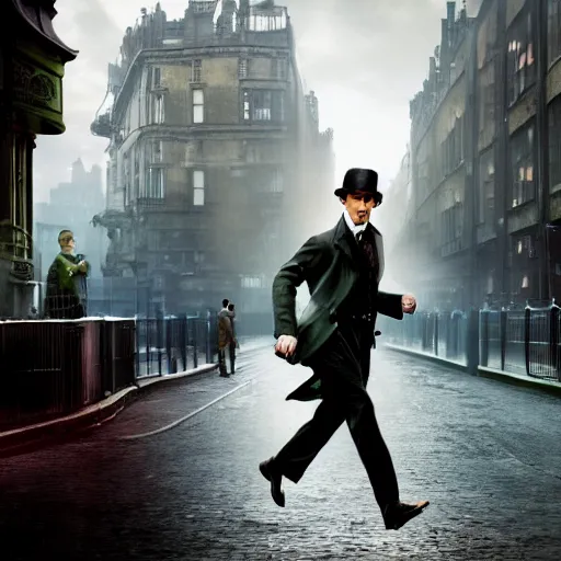 Image similar to [UHD candid photo of Sherlock Holmes running down the streets of futuristic steampunk London, correct face, accurate details, graphic detail, sharp focus by Annie Leibowitz]