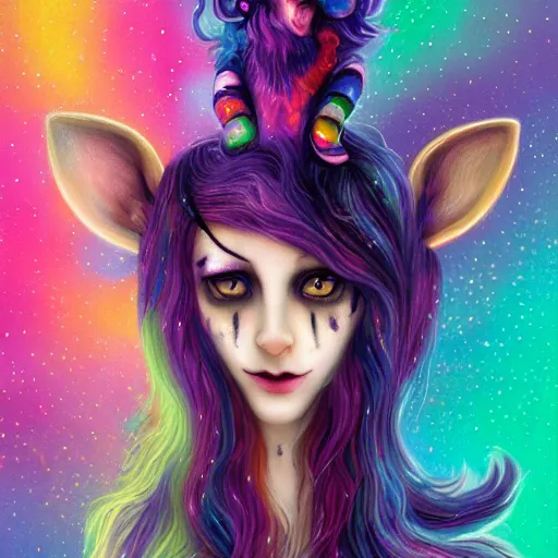 Prompt: autistic bisexual cat seahorse graphic designer, long haired androgynous humanoid wearing a unicorn pelt, weirdcore voidpunk fursona, detailed coherent painterly character design turnaround, digital art by delphin enjolras, wlop, louis wain, lisa frank, furaffinity, cgsociety, trending on deviantart