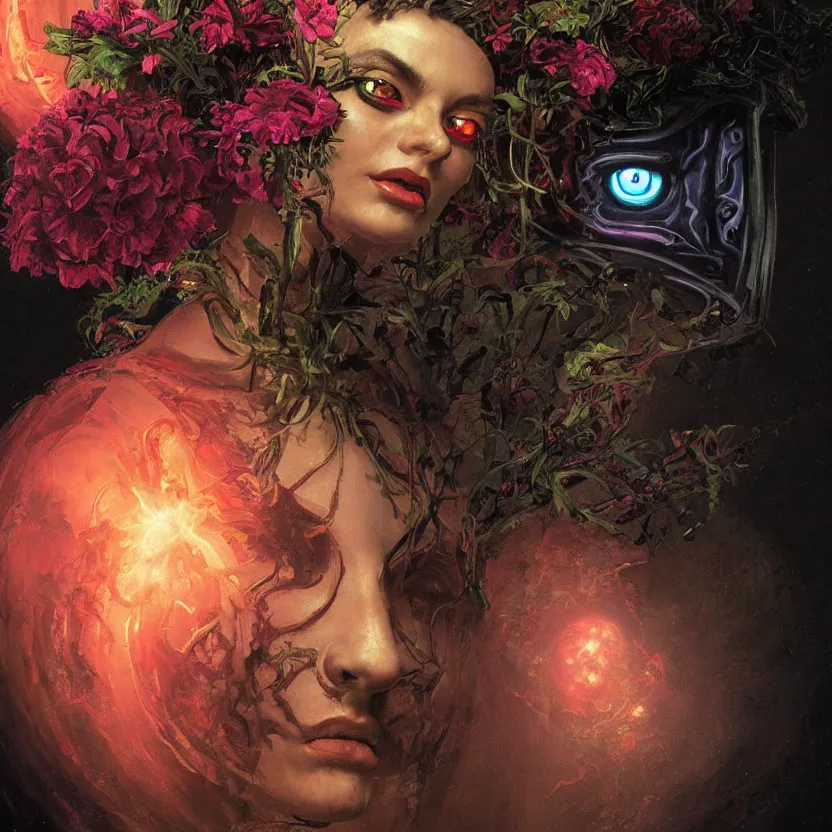 Prompt: baroque neoclassicist close - up sci - fi portrait of a fantasy young alien girl overgrown with flowers and big glowing eyes. iridescence. dark black ominous background, glowing atmosphere. highly detailed science fiction fantasy painting by norman rockwell, frank frazetta, and syd mead. rich colors, high contrast, gloomy atmosphere. trending on artstation and behance.