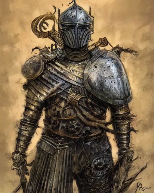 Image similar to a hyper realistic painting of a knight in armor made out of rotting metal, pale colors, fog, dark fantasy, cinematic lighting, nighttime, by rebecca guay