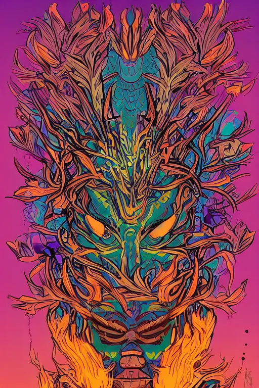 Image similar to animal mask totem roots flower tribal feather gemstone plant wood rock shaman vodoo video game vector cutout illustration vivid multicolor borderlands comics by josan gonzales and dan mumford radiating a glowing aura