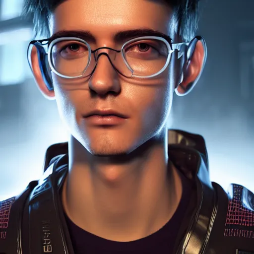 Image similar to portrait of a young Cyberpunk man, 3d render, Unreal Engine, octane render, ray tracing, Unity, highly detailed, high quality, HD, 4k, 8k, realistic, sharp, trending