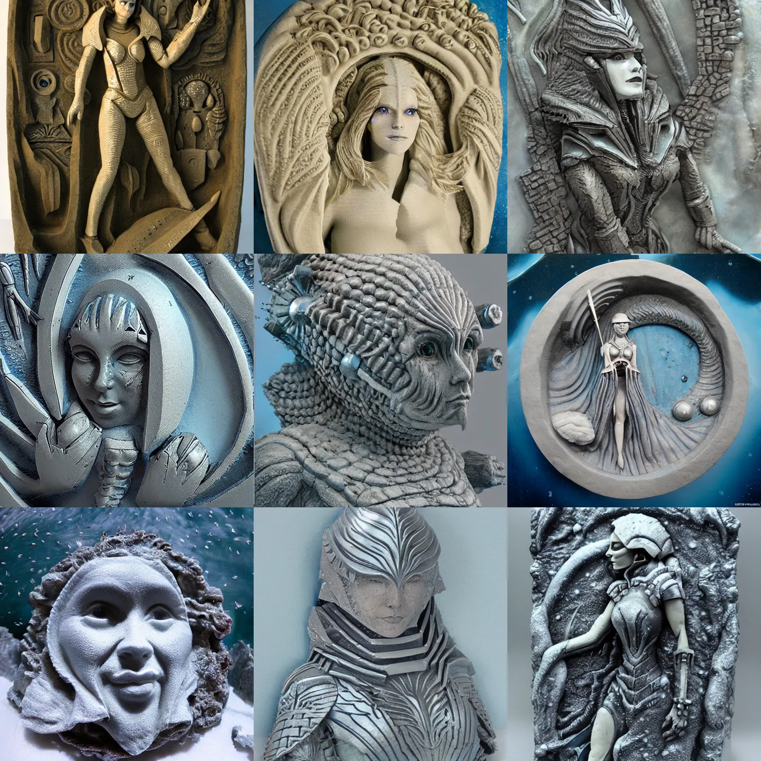 Prompt: snow queen in ancient alien planet sci - fi bathyscaphe armor, low - relief sculpture scene, highly detailed