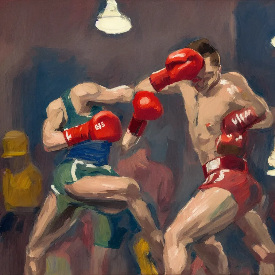 Image similar to a portrait of of boxing man, in the style of edward hopper, in the style of max ginsburg, realism, very small brushstrokes, cinematic lighting, moody, very aesthetic, boxing in an arena, big crowd in the back, flashing lights, blue light, 4 k,