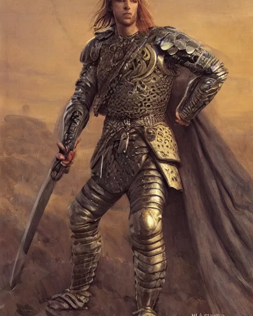 Image similar to a handsome male warrior by Boris Valejo and Laura Sava and Edgar Maxence