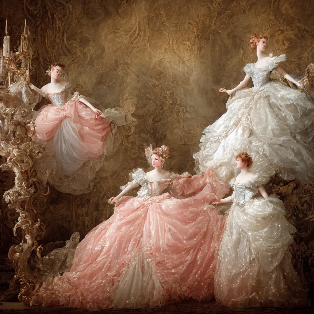 Image similar to cinderella, palace dance, dress in the style of rococo, dreamy, romantic, night lighting, highly detailed, fashion editorial by jean - honore fragonard, 8 k