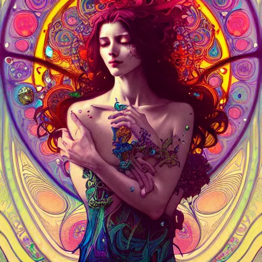 Prompt: An extremely colorful psychedelic experience, reality bending, magic mushrooms, psilocybin, LSD, face, detailed, intricate, elegant, highly detailed, digital painting, artstation, concept art, smooth, sharp focus, illustration, art by Krenz Cushart and Artem Demura and alphonse mucha