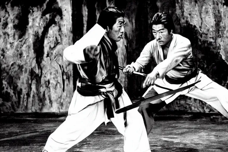 Prompt: toshiro mifune and tatsuya nakadai swordfight from the film by akira kurosawa