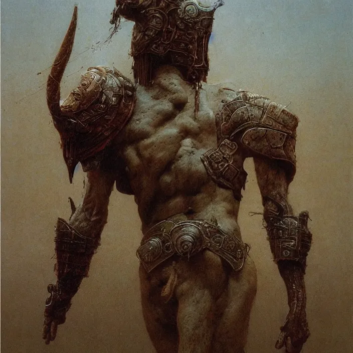 Image similar to minotaur warrior wearing ancient armor concept, beksinski, ruan jia